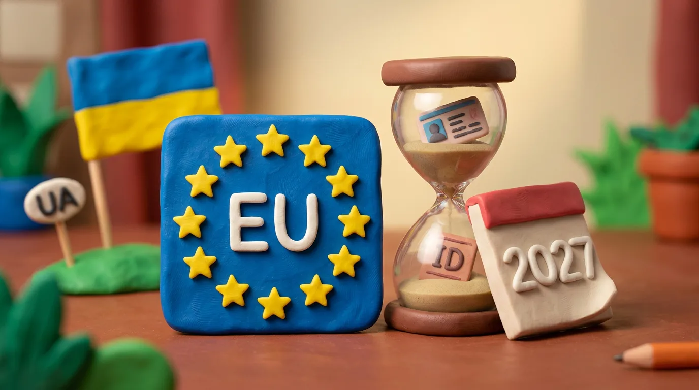 Пластилінова сцена: синя табличка ЄС із зірками, пісковий годинник із картою-резидента та календар 2027 поруч із прапором України
