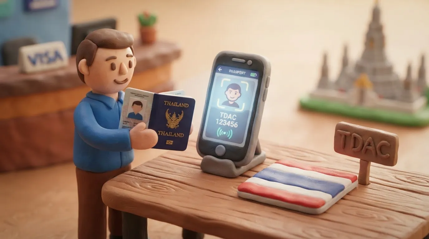 Глиняна ілюстрація смартфона, який сканує закордонний паспорт для системи TDAC на фоні прапора Таїланду.