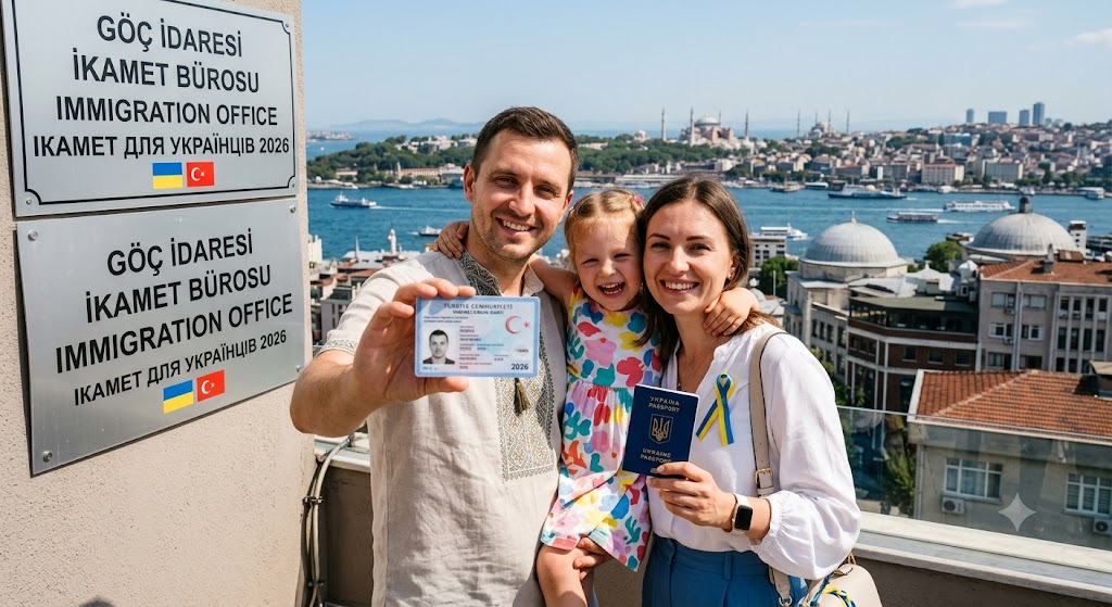 Украинская семья — отец в вышиванке, дочь и женщина с синим украинским паспортом — улыбается на крыше с видом на Стамбул и Босфор, держа турецкую карту ВНЖ (икамет); слева вывески GÖÇ İDARESİ, İKAMET BÜROSU и Immigration Office с флагами Украины и Турции.
