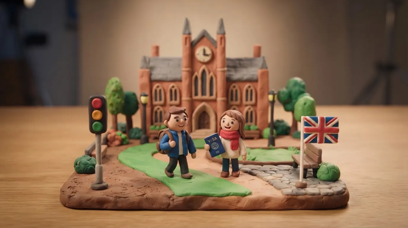 Clay UK campus, two students, VISA passport, Union Jack and traffic light for Student visa checks in 2027.