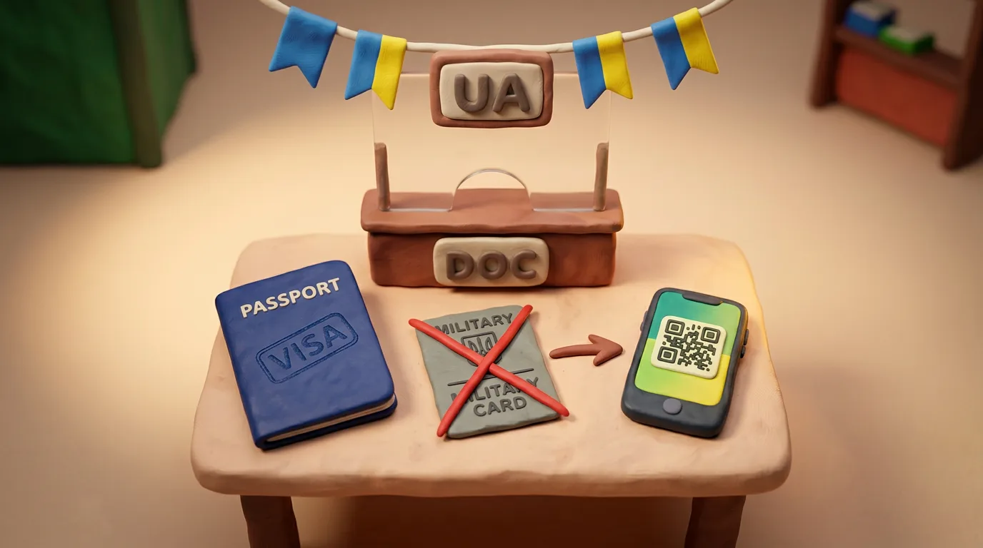 Пластилінова сцена: український паспорт біля стійки «DOC» і смартфон із QR-кодом замість паперового військового квитка