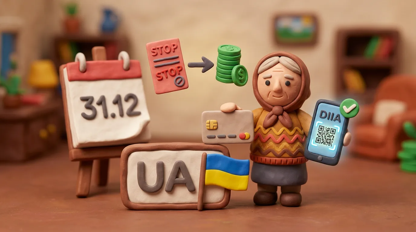 Пластилінова сцена: український пенсіонер із карткою, смартфон із застосунком «Дія» і QR-кодом, календар 31.12 та зелена позначка про пройдену ідентифікацію.