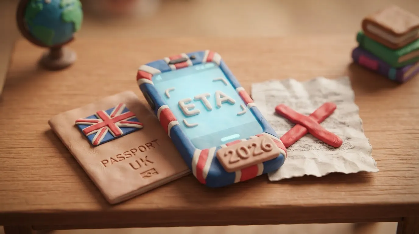A clay illustration of a smartphone scanning a physical passport for a UK ETA, with a rejected photocopy nearby.