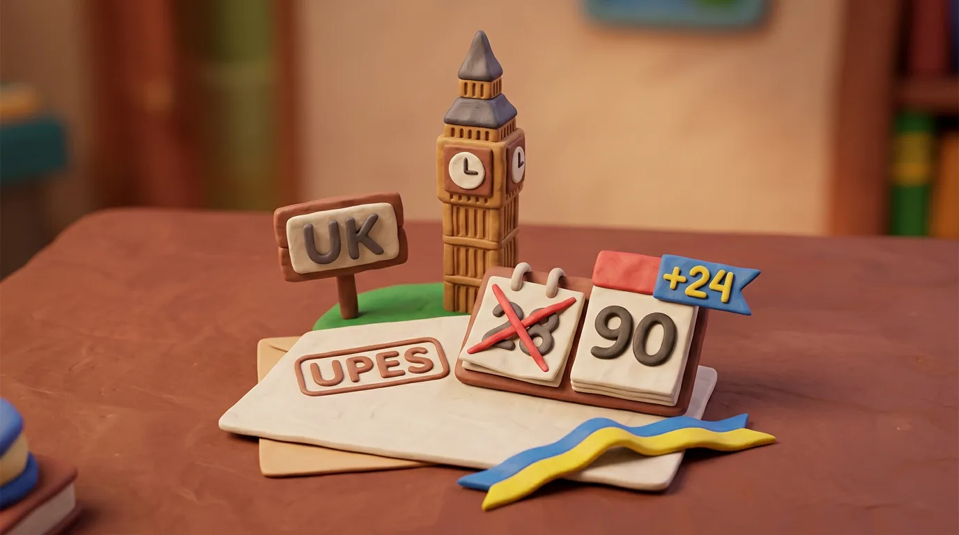 Пластилінова сцена: вежа Біг-Бен, табличка UK і документ UPES з календарем 28 на 90 та позначкою +24