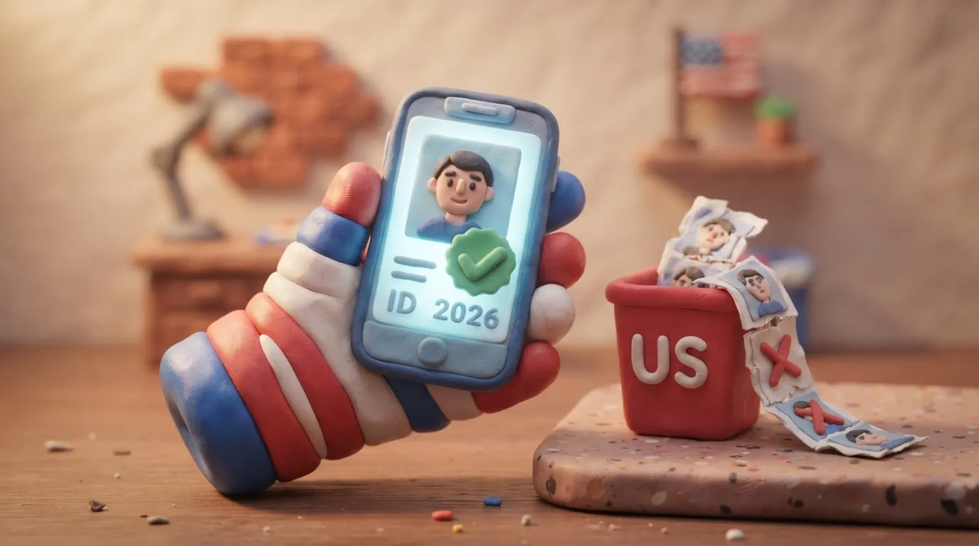 Illustration of a smartphone capturing a digital US passport photo while a printed photo strip is discarded.