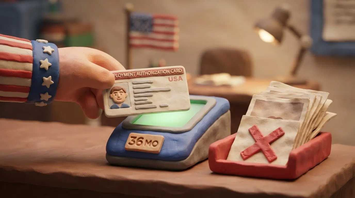 A clay illustration showing a US biometric scanner accepting an ID card while paper photos are rejected.