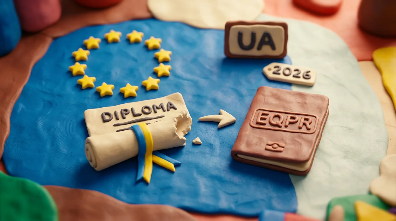 Пластилінова сцена: український диплом-сувій із відірваним кутом перетворюється на паспорт кваліфікацій EQPR поруч із колом зірок ЄС, табличками UA та 2026.