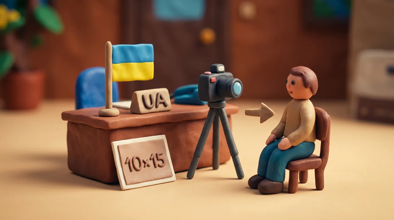 Пластилінова сцена: консульський стіл України з камерою на штативі фотографує людину на місці, поряд фотокартка 10x15