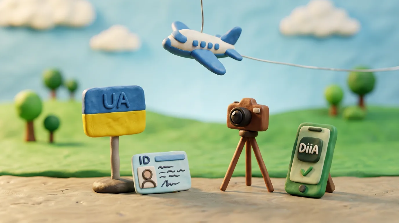 Пластилінова сцена: українська водійська ID-картка, смартфон із застосунком Дія, фотокамера та літачок — заміна прав за кордоном