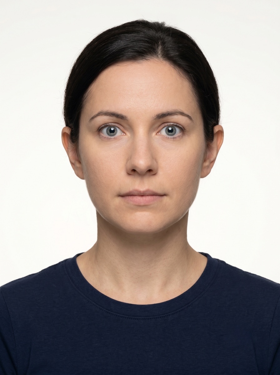 Compliant Brazil visa photo example (35 × 45 mm) — centered face, plain background, neutral expression, eyes open, even frontal lighting. Meets Brazil eVisa / VFS Global biometric requirements.