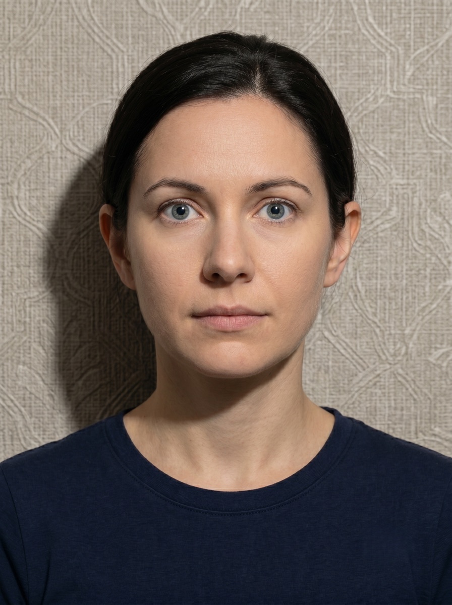Rejected Brazil visa photo example — shadow on the wall behind the head, or background with a visible pattern or gradient. Brazil eVisa / VFS Global would reject this for visa applications.