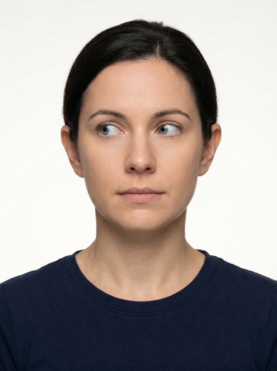 Rejected Brazil visa photo example — eyes looking to the side instead of directly into the camera lens. Brazil eVisa / VFS Global would reject this for visa applications.