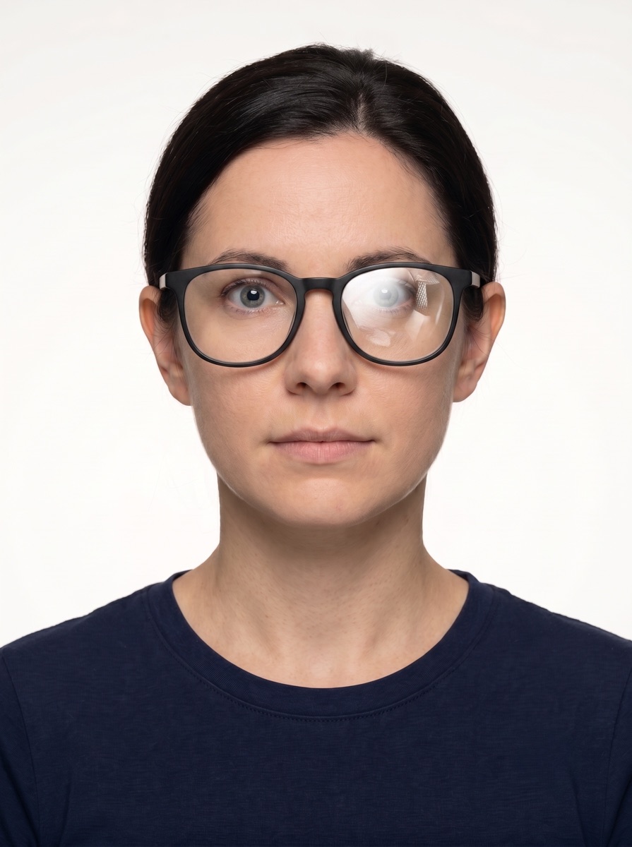 Rejected Brazil visa photo example — glasses with a clearly visible light reflection covering part of the eye. Brazil eVisa / VFS Global would reject this for visa applications.